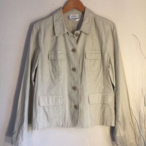 Liz Claiborne Villager Linen Chore Coat Jacket Khaki Utility Button Front Large